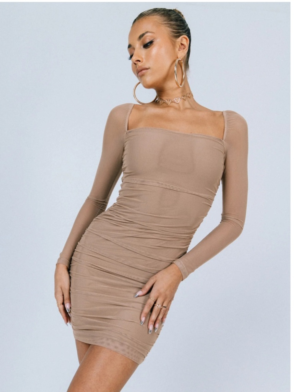 Princess Polly Long Sleeve Square Neck Ruched Mini Dress in Tan